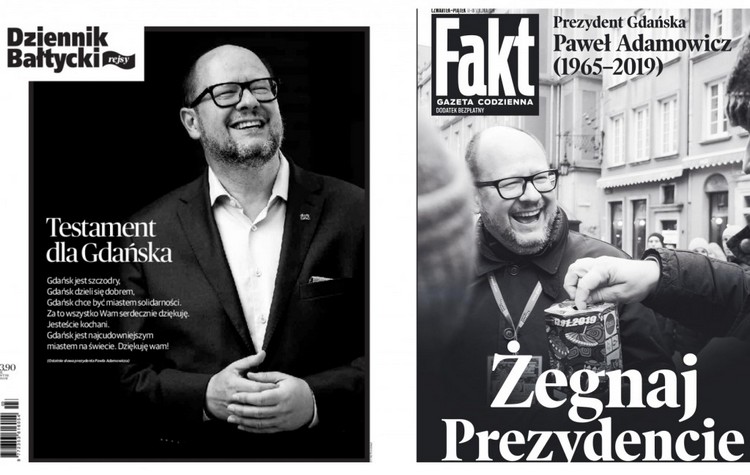 Okładki wydań "Dziennika Bałtyckiego" oraz "Faktu" poświęconych Pawłowi Adamowiczowi